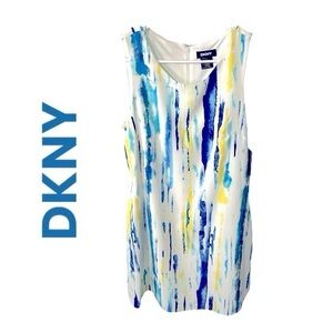 DKNY White Shift Dress with Blue and Yellow Watercolor Accents
